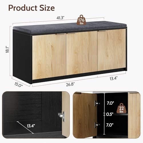 2-Tier Shoe Storage Bench with 3 Doors & Adjustable Shelf, Removable Padded Seat Cushion, 41.3" Entryway Bench for Living Room, Bedroom, Hallway – Wood Grain & Black Modern Farmhouse Design - color: Natural & Black, size: 41.3"