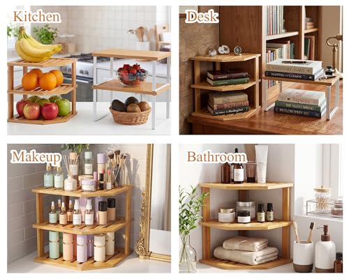 Nuanchu 3 Pcs Cabinet Organizer Shelf Bamboo Corner Rack for Kitchen Counter and Kitchen Counter Shelves for Storage Plates Dishes Bowls Bread Spice Rack Stackable Expandable