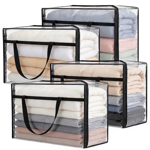 60L Clear Storage Bags Plastic Blanket Storage Bag Foldable Moving Organizers Containers with Zipper for Bedding Blanket Clothes Under Bed Holder - 4 Pcs - color: 4 Pcs, size: 60L