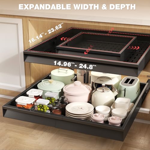 Seinloes 2 Pack Pull Out Cabinet Organizer With Raising Pad for Framed Cabinets,Expandable Width (15"-25") and Depth (17"-24"),3 Slide Rails Slide Out Drawers with Handle,No-Drill Roll Out Shelf,Black - color: Black, size: 15"-25"W x 17"-24"D(2Pack)