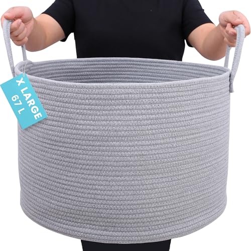 OrganiHaus Large Woven Storage Basket for Blankets and Toys 20" x 13" Inch, Rope Laundry Basket with Handles, Cushions & Pillows Storage Bin, Nursery Hamper, Soft Round Dog Toy Bin - Gray - color: Full Gray, size: Wide