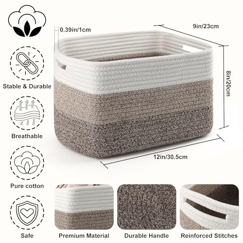 4 Pack Storage Baskets for Organizing, 12''Lx9''Wx8''H Woven Baskets for Storage Toys, Towels, Books, and Clothes, Cotton Rope Basket for Shelves with Handle White & Brown - color: White & Khaki