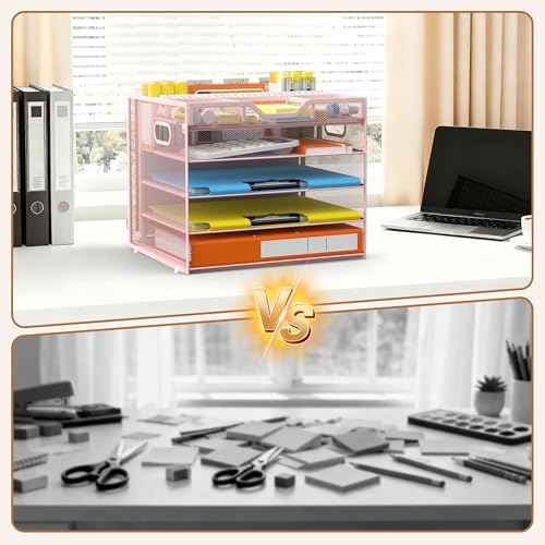 Docnest 5 Tier Letter Tray with Hanging File Organizer-Mesh Desk Organizer-Desktop Storage Box Built in Pen Holder and Handles, File Folder Holder for Mail Documents Office Supplies-Pink - color: 5 Tier Hanging File Organizer-pink