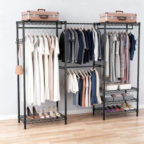Heavy Duty Closet Garment Rack, 6 Tiers Adjustable Metal Freestanding Expandable Clothing Storage with 4 Hanger Rods, Easy to Assemble Wardrobe, 71.4" H x (70" - 88.2") L x 14" D, Black - color: Black