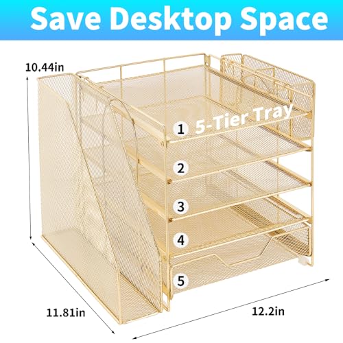 Desk Organizer, 5-Tier Paper Letter Tray Organizer with File Holder, Drawer and Pen Holder, Desktop Organizer for Office Supplies, Gold - color: Gold