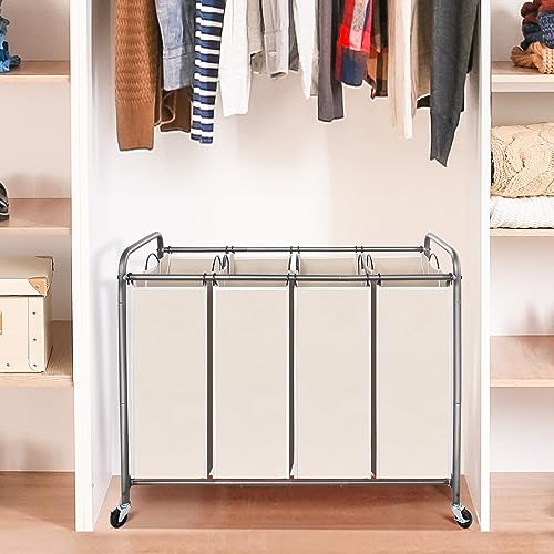 STO STO Laundry Sorter 4 Section, 4 Bag Clothes Hamper, Rolling Laundry Cart Basket with Heavy Duty Lockable Wheels and Removable Bag for Laundry Room, Bedroom, Closet, Beige - color: Beige, size: 4-Section