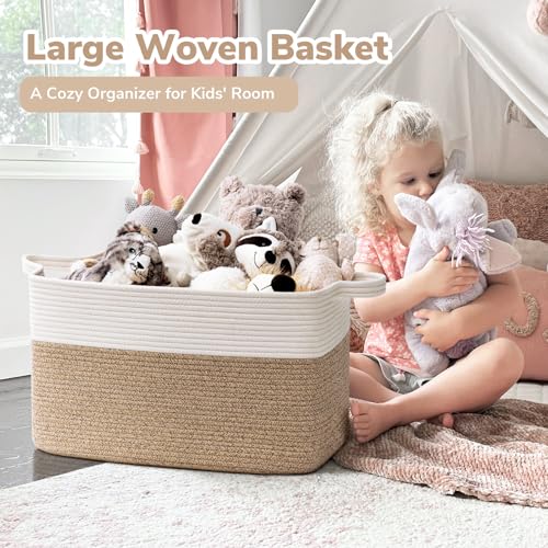 Goodpick Large Woven Blanket Basket, 21.6" x 14.9" x 11.8" Storage Baskets for Organizing, Rectangle Cotton Rope Toy Basket for Living Room, Bedroom, White & Brown - color: White & Light Brown, size: Large(21.6"L x 14.9"W x 11.8"H)