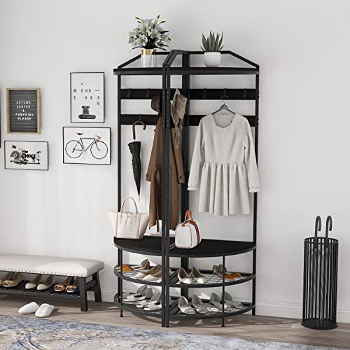 GiftGo Corner Hall Tree with Shoe Bench Entryway Coat Rack with 10 Metal Movable Hooks Freestanding Clothes Rack Shoes Shelf Organizer for Home Office Bedroom (Black) - color: Black