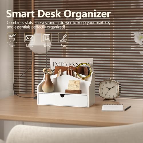 Rebee Vision Pine Wood Mail Organizer for Desk - Charming Farmhouse Countertop Mail Sorter for Office & Home Decor - Wooden Desk Organizer with Drawer for Letters, Files & Magazines(White) - color: A-White