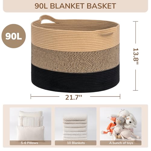 INDRESSME XXXLarge Cotton Rope Basket 21.7" x 21.7" x 13.8" Woven Baby laundry Blanket Basket for Living Room Decor, Toy Storage Baskets for Kids Boys Girls, Camel Mix & Black - color: Camel Mix & Black, size: 21.7"D x 13.8"H