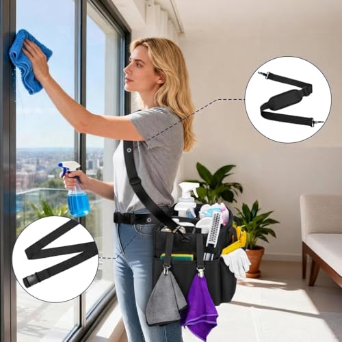 Ytonet Wearable Cleaning Caddy Bag, Large Cleaning Supplies Organizer with 4 Foldable Dividers, Caddy Organizer with Handle & Shoulder Strap & Waist Strap for Cleaners & Housekeepers, Black Grey - color: Black, size: Large