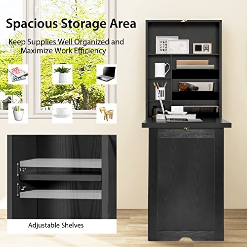 Tangkula Foldable Wall Mounted Desk, Floating Desk with Storage Shelves & Hooks, Space-Saving Fold-Up Murphy Table for Small Spaces, Home Office, Dorm Room - color: Black