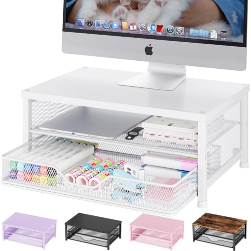 OPNICE Computer Monitor Stand Riser, Desk Organizer with Drawer, Printer & Laptop Stand, Office Desk Accessories & Workspace Desktop Organizers Storage for Office Supplies(White) - color: White