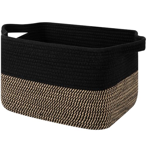 OIAHOMY Woven Storage Basket for Shelves, Rectangle Cotton Rope Baskets for Organizing, 13 x 10 x 9 in, Storage Bins for Dog Toys,Towel,Books,Gift,Black and Brown - color: Black and Brown, size: 13"x10"x9"