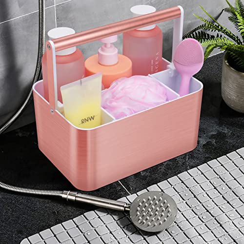 BYUNER Compact Shower Caddy Dorm - Portable Bathroom Caddy Organizer with Handle and Adjustable Divider for College Dorm & Shared Bathroom, Hard Plastic Shower Basket Tote for Toiletry Drainage, Pink - color: Rose Gold