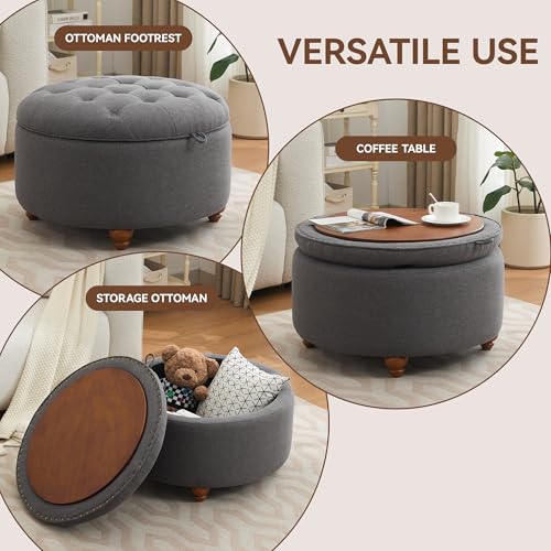 WUTUTUEE 30Inch Round Storage Ottoman with Tray, Modern Tufted Fabric Circle Coffee Table with Storage, Upholstered Ottoman with Removable Top for Living Room, Bedroom, Dark Grey - color: Dark Grey, size: 30 Inch