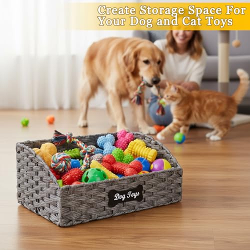 Dog Toy Basket Large Durable Metal Woven Foldable Storage Bin, Living Room Bedroom Entryway Toy Storage Organizer Rustic Trapezoid Pet Basket for Dogs Puppies and Home Floor Corners-Grey - color: Grey Imitation Banana Leaves