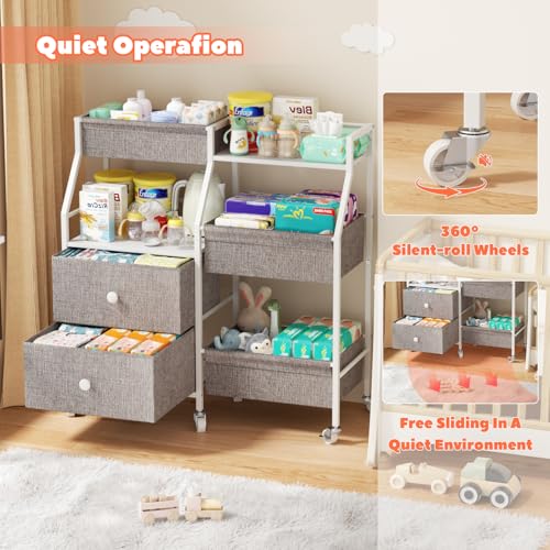 DTK Baby Diaper Caddy Organizer, 3 Tier Rolling Diaper Cart with Dividers and Drawers, Mobile Utility Baby Storage Cart with Wheels, Baby Newborn Essentials for Nursery, Bedroom, Charging Table，Crib