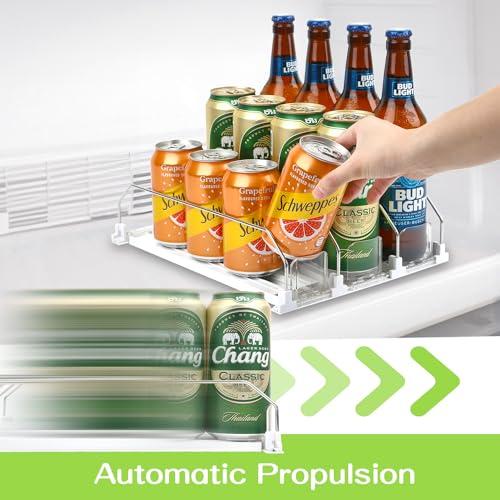 Soda Can Dispenser for Refrigerator - 3 Row Automatic Pusher Glide, Fridge Bottle Rack Drink Organizer, Self-Pushing Width Adjustable Beverage Storage Holds Up to 12 Cans (12.2inch, White) - size: 12.2 inch