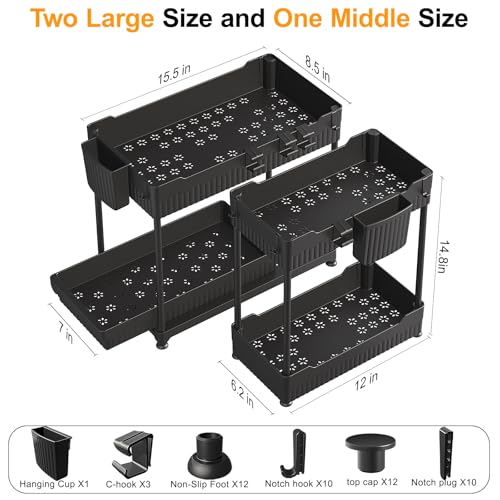 Sevenblue 3 Pack Under Sink Organizers, 2-Tier Multi-Use Kitchen and Bathroom Organizers and Storage with Sliding Drawers, Bathroom Cabinet Organizer (Black, 14.8 Inch) - color: Black, size: 14.8 Inch
