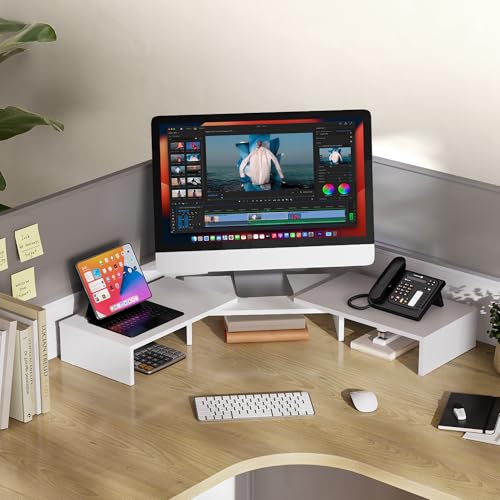 FITUEYES Dual Monitor Stand – 3 Shelf Computer Monitor Riser, Wood Desktop Stand with Adjustable Length and Angle, Desk Accessories, Office Supplies Medium White, DT108008WW - color: White