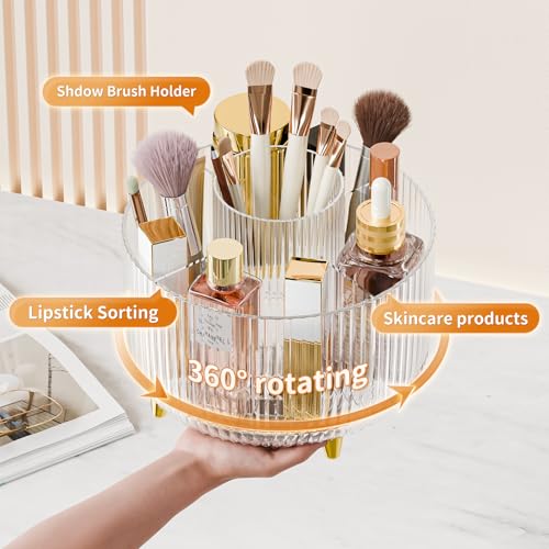 Clear Rotating Makeup Organizer Countertop for Vanity, 360° Makeup Brush Holder Organizer with 5 Compartments, Transparent Cosmetic Storage for Lipstick, Skincare, Bathroom Counter(Transparent) - color: Transparent