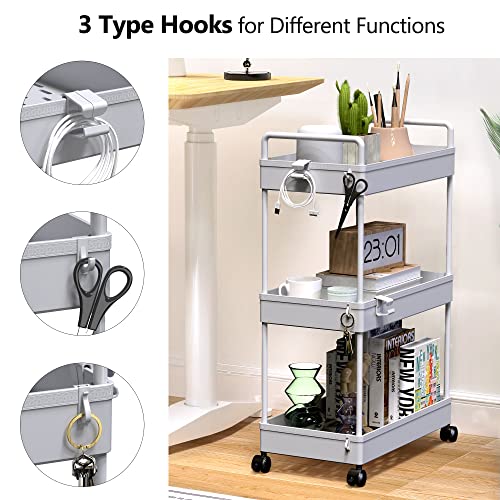 SOLEJAZZ 3 Tier Rolling Storage Cart with Wheels Slim Craft Nail Makeup Snack Art Baby Utility Cart Organizer on 2 Lockable Wheels for Bathroom Laundry Room Kitchen Bedside Narrow Spaces, Gray - color: Grey, size: 3-Tier, 8.66"D