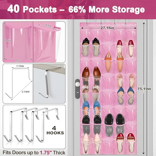 Over the Door Shoe Organizer with 40 Clear PVC Pockets – Waterproof Hanging Shoe Holder for Closet & Bathroom – Space-Saving Door Shoe Rack for Shoes, Toys, Toiletries & Snacks(Pink) - color: Pink