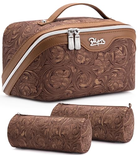 BOYATU Travel Makeup Bags Cosmetic Organizer Bag: 3 Pcs Set Large Capacity Floral Make up Bag with Compartments - Waterproof Leather Toiletry Bags with Handle for Women (19-Brown) - color: 19-Brown