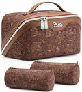 BOYATU Travel Makeup Bags Cosmetic Organizer Bag: 3 Pcs Set Large Capacity Floral Make up Bag with Compartments - Waterproof Leather Toiletry Bags with Handle for Women (19-Brown) - color: 19-Brown