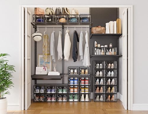 SIMPDIY Shoe Storage, 12 Pack X-Large Shoe Organizer for Closet, Shoe Boxes Clear Plastic Stackable Shoe Storage Boxes for Size 13 - color: Black