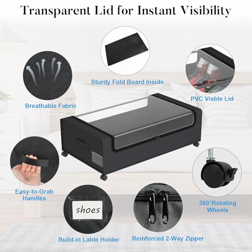 Under Bed Shoe Storage Organizer, 10 Inch Rolling Underbed Drawers for Clothes, Blankets, Winter Clothing & Shoes - Metal Frame Storage Bins with Handles, Dual Zippers, Clear Window 2 Pack Black - color: Black, size: 10 inch height