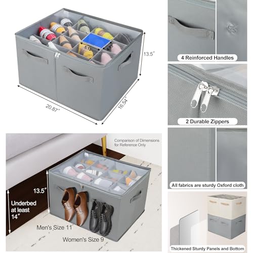 TOPIA HOME Shoe Organizer for Closet, Foldable Shoe Box with Adjustable Dividers and Clear Cover, Space Saving Shoe Storage Organizer Cabinet with Reinforced Handles, Fits 16 Pairs, Gray, TP09G - color: Gray, size: Large(20.87''L x 16.54''W x 13.5''H)