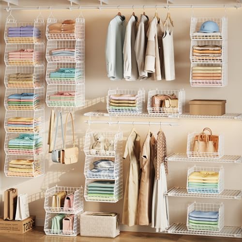 7 Tier Hanging Closet Organizer and Storage, Foldable Wire Closet Shelving with 4 Large Hooks+5 S Hooks,Hanging Basket for Clothes Sweaters Shoes Handbags,Wardrobe Kitchen Laundry Room-White - color: White, size: 7-Tier