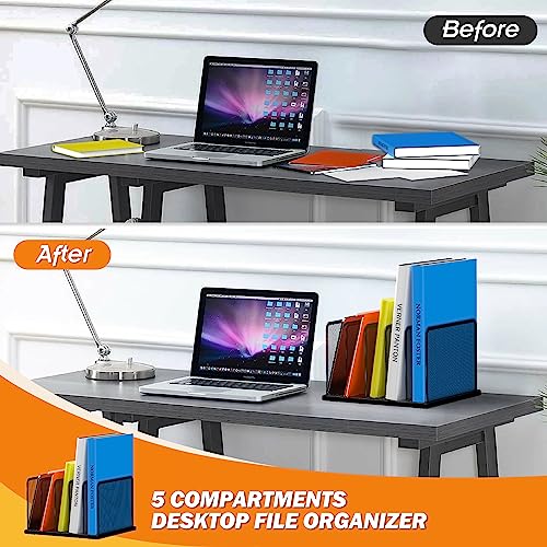 Kuntine.B Desk File Organizer Upright Mesh Desktop Organizer File Sorter Office Organization File Holder for Home, Office & Classroom (Black, 2 Pack 5-Section)