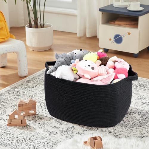 OIASKET Large Blanket Basket, Black Blanket Storage Living Room, Rectangle Woven Baskets for Storage Toys, Towels, Dirty Clothes Organizer Bins (Black) - color: Black, size: 19.7"x15.8"x11.8"