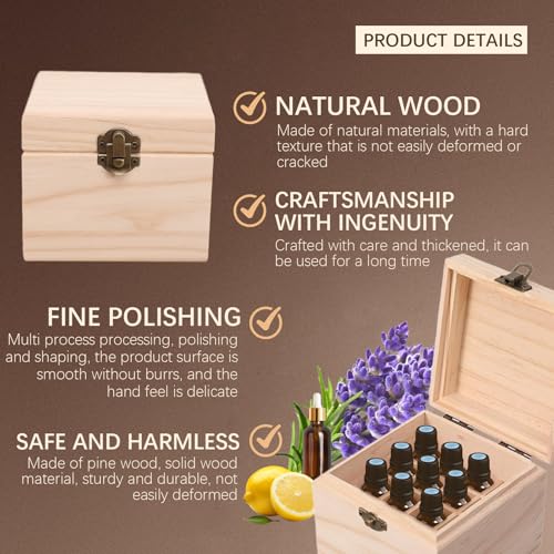Pure Vie Wooden Essential Oil Storage Box Travel Organizer Case with Bottle Cap Label - Aromatherapy Nail Polish Fragrance Container, Holds 16 Bottle for 5-10ml - Keep Scented Oil Safe & Space Saver