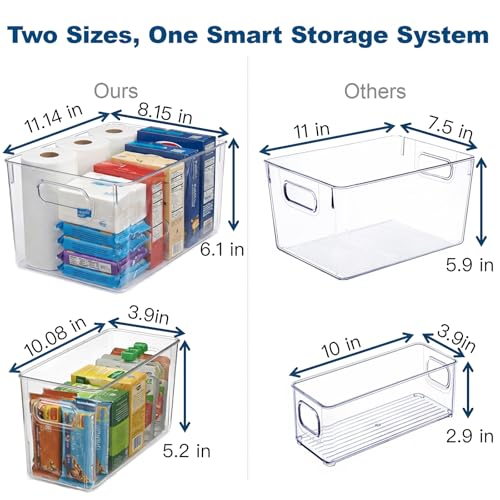 MOONEDGE 8 Pack Modular Clear Plastic Storage Organizer Bins – 4 Large & 4 Narrow, Nestable Space-Saving System for Pantry, Kitchen, Fridge, Bathroom & Cabinet Organization - Versatile & Easy to Use