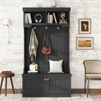 4-in-1 Entryway Hall Tree with Storage Shoe Bench, Coat Rack with Hooks, Open Shelves & Cabinet, Modern Organizer for Mudroom Hallway (Black) - color: Black