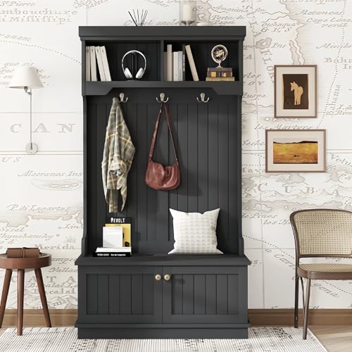 4-in-1 Entryway Hall Tree with Storage Shoe Bench, Coat Rack with Hooks, Open Shelves & Cabinet, Modern Organizer for Mudroom Hallway (Black) - color: Black