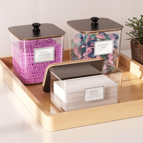 Laundry Pods Storage Container, Clear Laundry Room Organization and Storage,Detergent Powder Container,with Wooden Lids & Labels, 3+1 Pack（Black） - style: 3+1-Black
