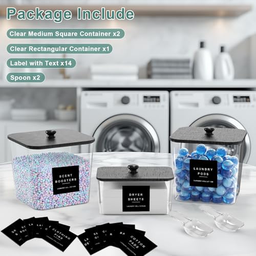 POLRAI 3 Pack Laundry Pod Containers and Dryer Sheet Holder with Bamboo Lids and Labels Laundry Room Organization Containers for Scent Booster Powder Detergent Pods Storage - color: Black, size: 2+1 Pack