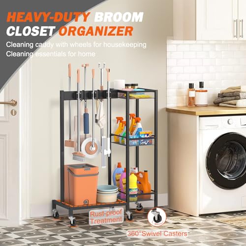 Broom Holder with Cleaning Supplies Organizer, Broom Closet Storage Cabinet with Cleaning Caddy, Cleaning Cart with Mop Hanger Gripper Rack Hooks,Janitorial Cart,Utility Carts Household Essentials - size: Medium