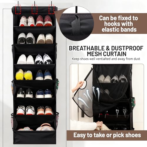 7 Tier Over The Door Shoe Organizer, Hanging Shoe Rack for Closet with Dustproof Mesh Curtain & 6 Side Pockets, Behind The Door Narrow Shoe Holder Hanger for Sneakers, Boots (Black) - color: Black