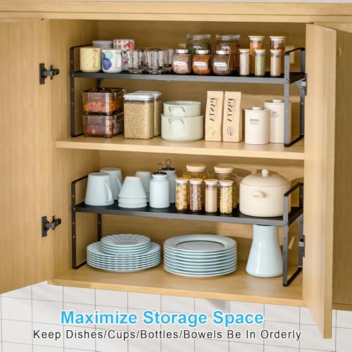 15.5 to 25.5 Inch Expandable Kitchen Cabinet Organizer Shelf, 2 Pack 30 LBS Heavy Duty Adjustable Kitchen Counter Storage Shelves Organizers,Stackable Small Storage Shelf Rack For Cabinet Cupboard - color: Black, size: 2 Pack:15.5"-25.5"Long