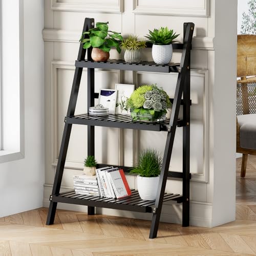oakvivo 39.4" Foldable Plant Shelf Ladder Shelf, 3 Tier Bamboo Ladder Flower Pot Display Shelf, Freestanding Ladder Bookshelf for Garden, Balcony, Yard, Living Room, 23.6" W x 15" D x 39.4" H, Black - color: 3-Tier Black