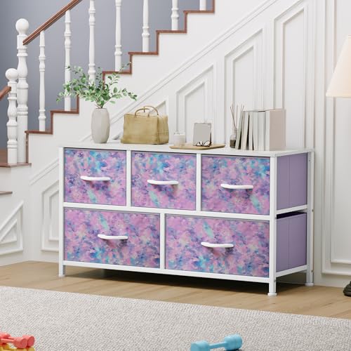 YITAHOME Wide Storage Tower with 5 Drawers - Fabric Dresser, Organizer Unit for Bedroom, Living Room, Closets - Sturdy Steel Frame, Easy Pull Fabric Bins & Wooden Top - color: Tie Purple, style: 5-Drawer