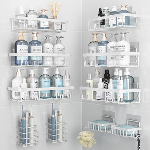 Liuoud 10 Pack Shower Caddy Organizer Rack Shelf for Inside Shower, Self Adhesive Wall Storage Basket Rustproof Stainless Steel Shampoo Holder Bathroom Accessory Decor Set, White - color: White