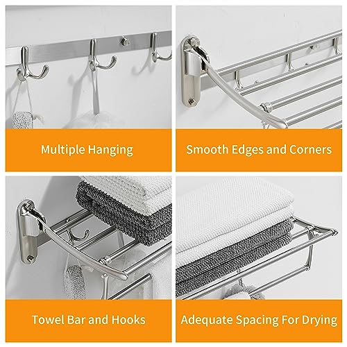 BESy 24 Inch Brushed Nickel Towel Racks, Bathroom Towel Shelf with Foldable Towel Bar Holder and Towel Hooks, Wall Mounted Multifunctional Bathroom Accessories, Double Towel Bars - color: Brushed Nickel