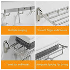 BESy 24 Inch Brushed Nickel Towel Racks, Bathroom Towel Shelf with Foldable Towel Bar Holder and Towel Hooks, Wall Mounted Multifunctional Bathroom Accessories, Double Towel Bars - color: Brushed Nickel